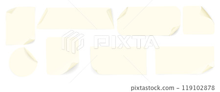 Set of beige paper stickers in various geometric shapes with curved corners. Blank square, rectangular, round adhesive paper or plastic stickers. Vector reminders 119102878