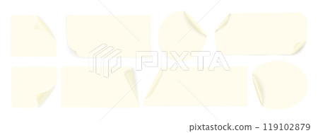 Set of beige paper labels in various geometric shapes with curved corners. Blank adhesive paper or plastic stickers. Vector reminders Set of beige paper labels in various geometric shapes with curved corners. Blank adhesive paper or plastic stickers. Vector reminders 119102879