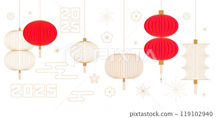 Chinese lanterns set. Japanese Asian new year red lamp. Linear vector illustration. 119102940