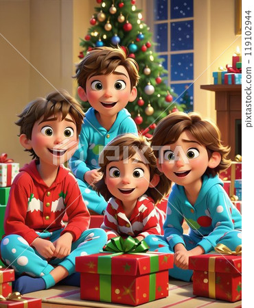 Joyful children opening Christmas gifts 119102944