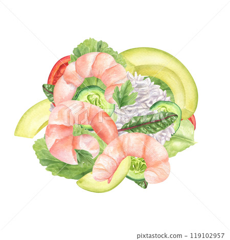 Steamed peeled pink tiger shrimps, boiled rice, avocado, and fresh vegetables watercolor food illustration. Slices of tomato, and cucumber surrounded salad leaves. Care food top view Steamed peeled pink tiger shrimps, boiled rice, avocado, and fresh vegetables watercolor food illustration. Slices of tomato, and cucumber surrounded salad leaves. Care food top view 119102957