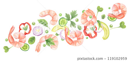 Falling pink tiger shrimp salad ingredients watercolor food illustration. Boiled prawns, onion rings, cucumber slices, greens, sweet pepper pieces and green peas, avocado flying from left to right Falling pink tiger shrimp salad ingredients watercolor food illustration. Boiled prawns, onion rings, cucumber slices, greens, sweet pepper pieces and green peas, avocado flying from left to right 119102959