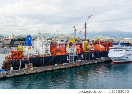 Genoa, Italy- May 27, 2024: LNG tanker FSRU Toscana Livorno, IMO 9253284, moored at Genoa port Genoa, Italy- May 27, 2024: LNG tanker FSRU Toscana Livorno, IMO 9253284, moored at Genoa port 119103030