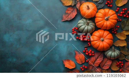Autumn background with pumpkins, leaves and rowan berries. Copy space for text. Concept of Thanksgiving day or Halloween background 119103062