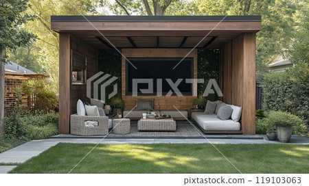 An Elegant Outdoor Living Space Featuring Cozy Seating Arrangements and a Beautiful Fireplace 119103063