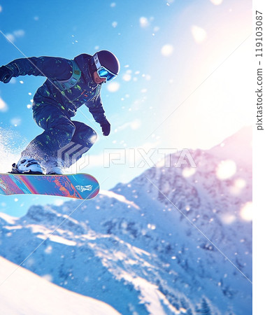 Snowboarder Performing Aerial Trick Amidst Snowy Mountains On A Bright Day 119103087