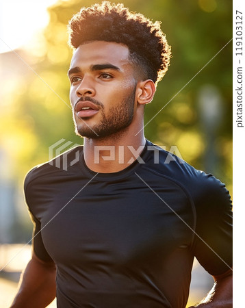 Fit Young Man Jogging Through a Bright City Park in Morning Light 119103127