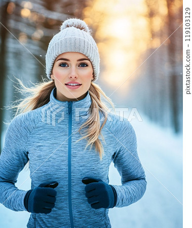 Young Woman Running Energetically Through a Snowy Forest Path in Winter 119103129