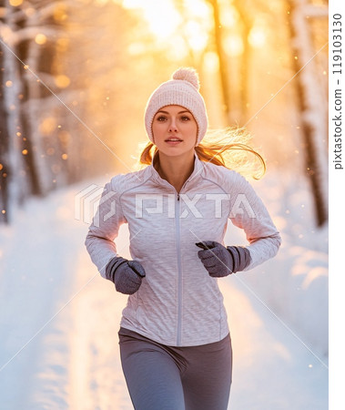 Young Woman Running Through a Snowy Forest Trail at Sunrise in Winter 119103130