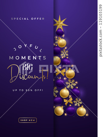 Purple and gold festive holiday sale banner with baubles 119103199