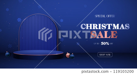 Blue festive podium with Christmas sale text and decorations 119103200