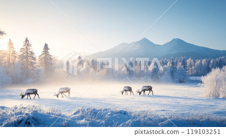 Reindeer Grazing Peacefully in a Winter Wonderland with Snowy Mountains 119103251