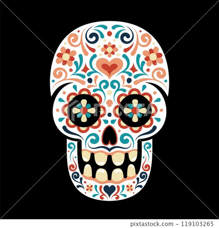 Colorful decorative sugar skull representing Dia de los Muertos celebration. Colorful decorative sugar skull representing Dia de los Muertos celebration. 119103265