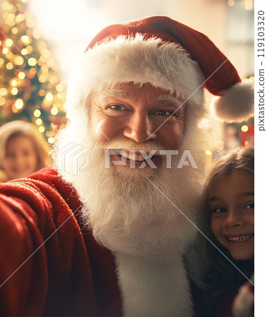Jolly Santa Claus Taking a Selfie with Smiling Children in Holiday Spirit Jolly Santa Claus Taking a Selfie with Smiling Children in Holiday Spirit 119103320