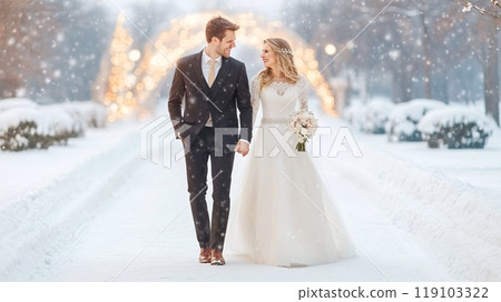 Joyful Bride and Groom Strolling Arm-in-Arm in a Magical Winter Wonderland 119103322