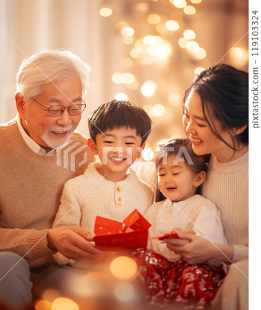 Joyful Grandparent-Parent and Children Moment During Festive Celebration at Home 119103324
