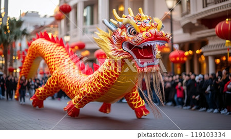 Vibrant Dragon Dance Energizes Festive Plaza During Cultural Celebration Event 119103334