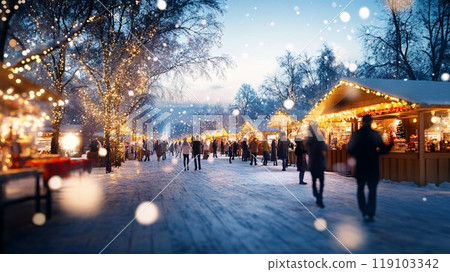 A Lively Winter Holiday Market Filled with Festive Stalls at Dusk 119103342