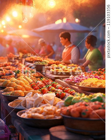 A Vibrant Evening Market Scene with Vendors Selling Various Delicious Street Foods 119103356
