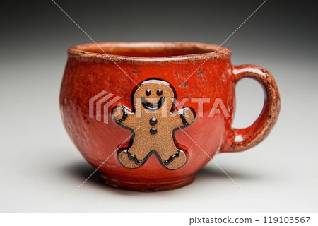 Cozy red mug with gingerbread decoration on neutral background Cozy red mug with gingerbread decoration on neutral background 119103567