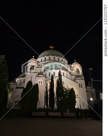 Night view of Saint Sava church, one of the biggest Orthodox Christian churches in the world in Belgrade, capital of Serbia 119103707