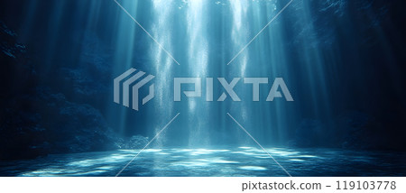 Dark background, spotlight on the ground, light beam, light rays, fog effect Dark background, spotlight on the ground, light beam, light rays, fog effect 119103778