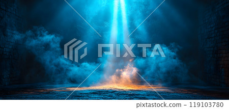 Dark background, spotlight on the ground, light beam, light rays, fog effect 119103780