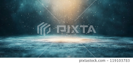 Dark background, spotlight on the ground, light beam, light rays, fog effect 119103783