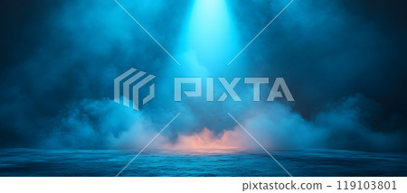 Dark background, spotlight on the ground, light beam, light rays, fog effect 119103801