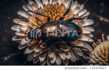 A dark beetle on a beautiful white flower 119103827