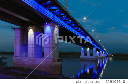 The New bridge with blue illumination at night, this bridge across the Ob in Barnaul The New bridge with blue illumination at night, this bridge across the Ob in Barnaul 119103848