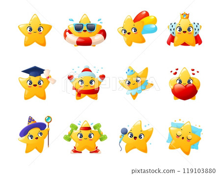 Cartoon funny stars characters. Cute little mascots with positive emotions, happy smiling faces, twinkle childish personages, emoji collection, cartoon flat isolated illustration vector set Cartoon funny stars characters. Cute little mascots with positive emotions, happy smiling faces, twinkle childish personages, emoji collection, cartoon flat isolated illustration vector set 119103880