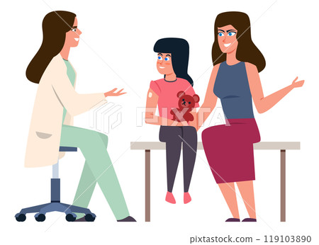 Kids vaccination. Mom and daughter on consultation with female doctor about immunity. Disease protection, vaccine injection in clinic or hospital. Vector cartoon flat isolated illustration 119103890