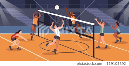 Volleyball competitions. Sports teams, professional athletes hit ball through net, players characters, dynamic poses, indoor championship cartoon flat isolated illustration, tidy vector concept 119103892
