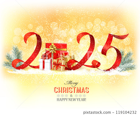 Happy New Year and Christmas holiday background with a 2025 and gift boxes and ribbons. Vector. 119104232