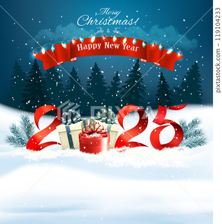 2025 Happy New Year and Merry Christmas holiday background with gift boxes and colorful garland. Vector. 119104233