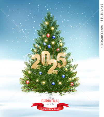 Holiday background with Christmas tree with garland and a gold 2025. Vector. 119104234