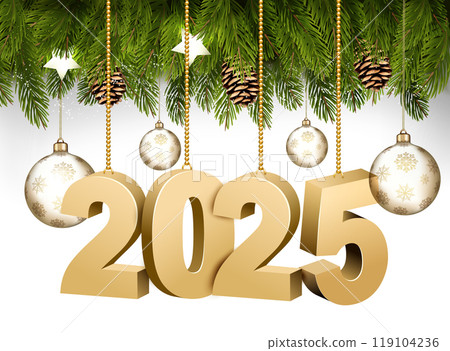 Happy New Year and Christmas holiday frame with branches of tree garland and 2025 numbers and transparent balls. Vector. Happy New Year and Christmas holiday frame with branches of tree garland and 2025 numbers and transparent balls. Vector. 119104236