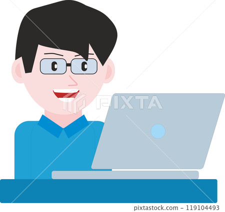 illustration of a young man with glasses while working or studying on a laptop computer illustration of a young man with glasses while working or studying on a laptop computer 119104493