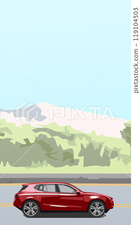 Vertical illustration of a red car traveling on a road with a mountain landscape as a background 119104503
