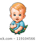 Cute little baby on bright soft leaves, cartoon character on white 119104566