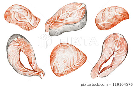 Steaks Salmon Watercolor clipart marine food on isolated background. Hand drawn illustrations seafood, fish, tuna for design, cards, print, menu. Mediterranean diet. Variety elements exotic seafood. Steaks Salmon Watercolor clipart marine food on isolated background. Hand drawn illustrations seafood, fish, tuna for design, cards, print, menu. Mediterranean diet. Variety elements exotic seafood. 119104576