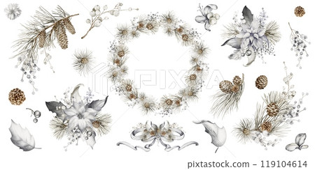 Watercolor set Christmas decorations. Xmas clipart. New Year illustration. Pine fir branches, Holly berry, bird, Berry Wreath, Floral bouquet on an isolated background. Holiday decor for print, card. 119104614