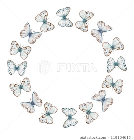 Watercolor Wreath with flying butterflies. Hand drawn illustration with insect for postcards template with space save the date. Drawing of circular Frame on isolated background. 119104615