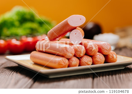 Stack of sausages on plate, ideal for BBQ, grilling, or quick meals, displayed in a kitchen setting 119104678