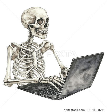 Skeleton at Desk Typing Away on Laptop Skeleton at Desk Typing Away on Laptop 119104698