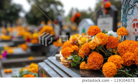 Vibrant Marigolds Adorning a Cemetery for Dia de los Muertos, AI 119104878