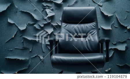 Sleek Black Office Chair Against Peeling Wall, AI 119104879