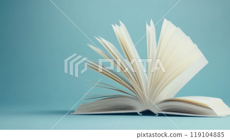 Open Book with Pages Turning Against a Soft Blue Background, AI 119104885