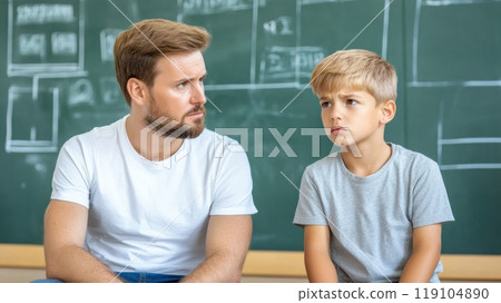 Father and Son in Thoughtful Classroom Discussion, AI Father and Son in Thoughtful Classroom Discussion, AI 119104890